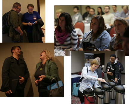 collage of photos of attendees talking to each other and listening to talks